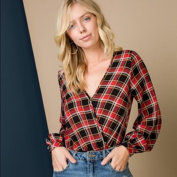 Long Billowed Sleeve Plaid Bodysuit - Picture 5 of 8